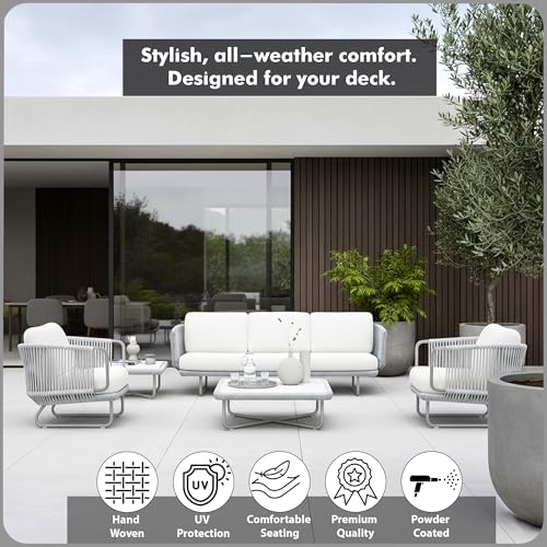 Image of Amazon Brand - Solimo Harbor Outdoor Rope Sofa Set | Balcony Sofa | Patio Conversation Sets | Braided Rope Garden Sofa Set and Table (5 Seater- Grey+Off White)