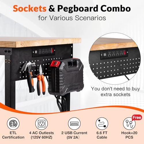 Image of 48x24 Adjustable Height Work Bench Heavy Duty Workbench for Garage with Under Table Shelf Rubber Wood Work Table with Pegboard for Shop Woodworking, Office, Home, Commercial