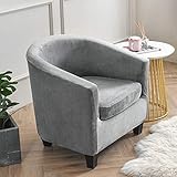 SFUSKD Tub Chair Slipcover,2-Pieces Stretchy Soft Velvet Barrel Club Chair Covers with Cushion Cover,Washable Armchair Sofa Cover Protector for Living Room Bar Counter Single Sofa (Grey)