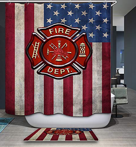 American Flag Shower Curtain,United States Fire Department Waterproof Fabric Shower Curtain S/w 12 Hooks Watercolor Decorative Bath Curtain Modern Bathroom Accessories Shower Custom 72 x 72 inch