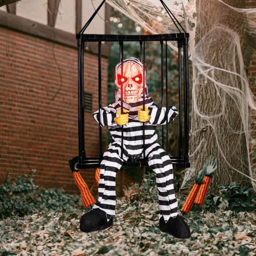 Decoración de terror de Halloween con jaula de prisionero animada para sustos 6