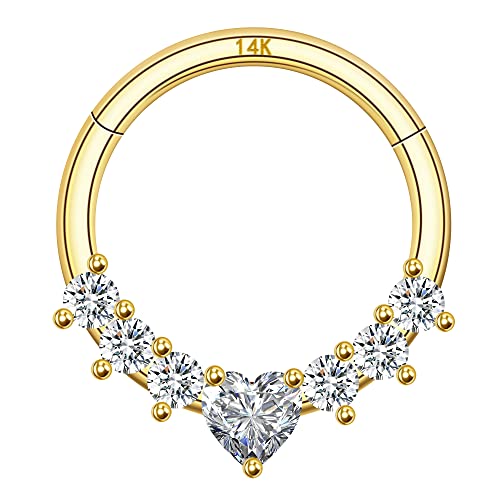 ALACLO 14K Solid Gold Septum Ring, Jewelry Cartilage Earring Hoop, Heart CZ, 16G 8mm Septum Ring for Nose, Ring, Daith, Helix, Tragus, Earring Piercing Jewelry, Hypoallergenic