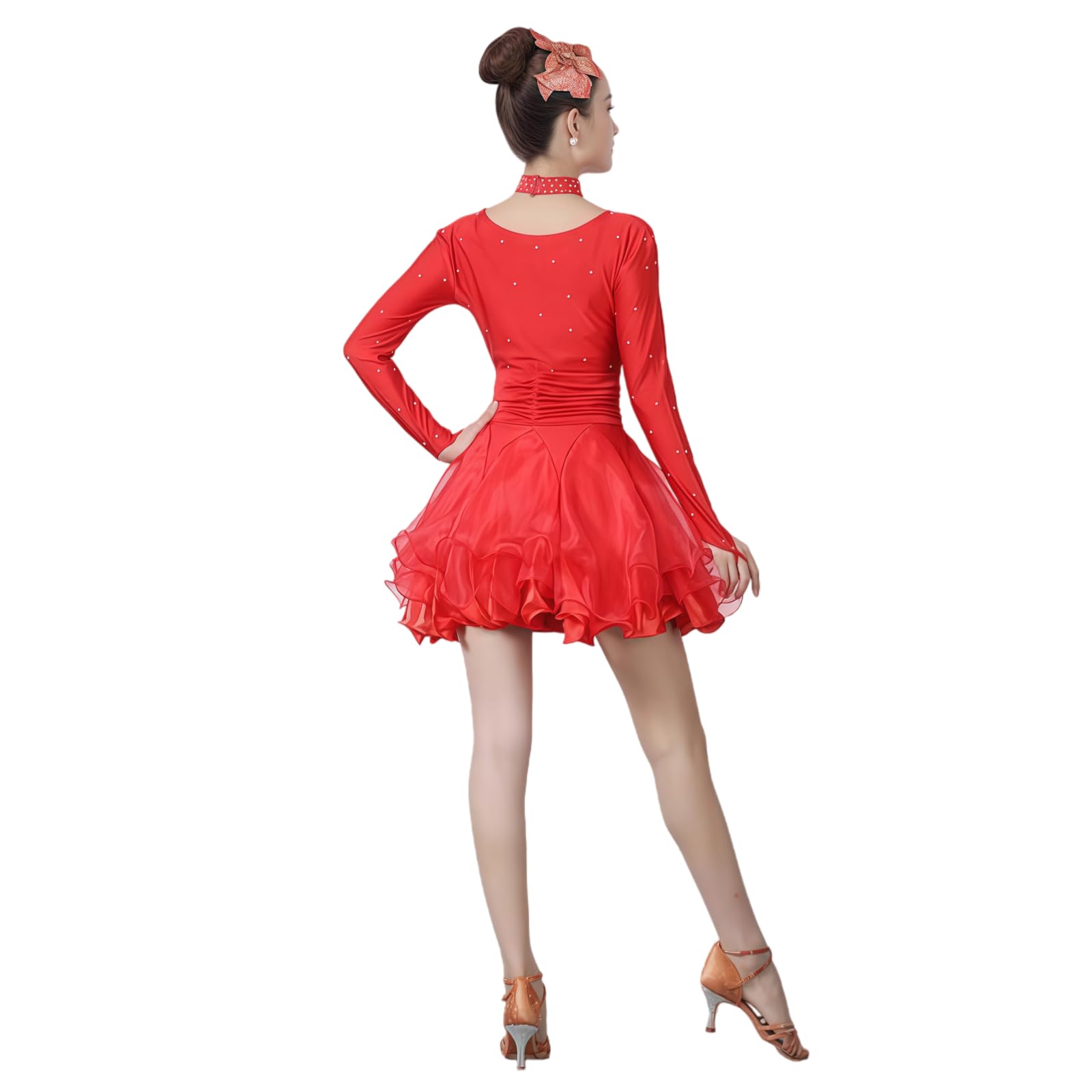 Abito da Competizione per Balli Latino-Americani da Donna, Elegante Costume da Esibizione A Maniche Lunghe di Colore Rosso con Scollo Rotondo E Strass per Cha-Cha Rumba Samba