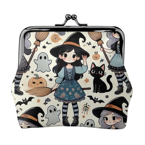 Pu Leather Buckle Coin Purse Cute-Halloween-Witches-Cats Girls Kiss-Lock Change Purse Wallets
