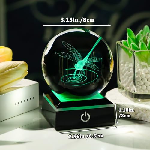 Image of Arikyrist 3D Dragonfly Crystal Ball Figurine with LED Base, Dragonfly Gifts for Men Women on Christmas Birthday, Glass Statue Glass Animals Insect Sphere Decorative Ball for Home Decor (80mm)