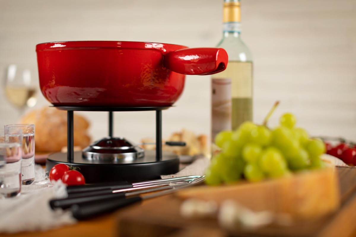 Kuhn Rikon 32236 Fondue au Fromage Set en Fonte 24cm, Fonte, Rouge, 34 x 26 x 23 cm