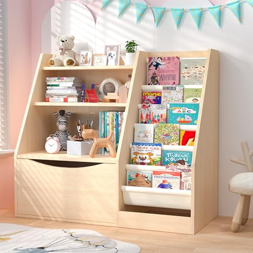 Image of TOETOL 3 Tier Kids Bookshelf and Book Storage,6 Sling Toddler Bookshelf, Storage Boxes Book Shelf & Organizer for Nursery Playroom Classroom Library Bedroom Natural Wood