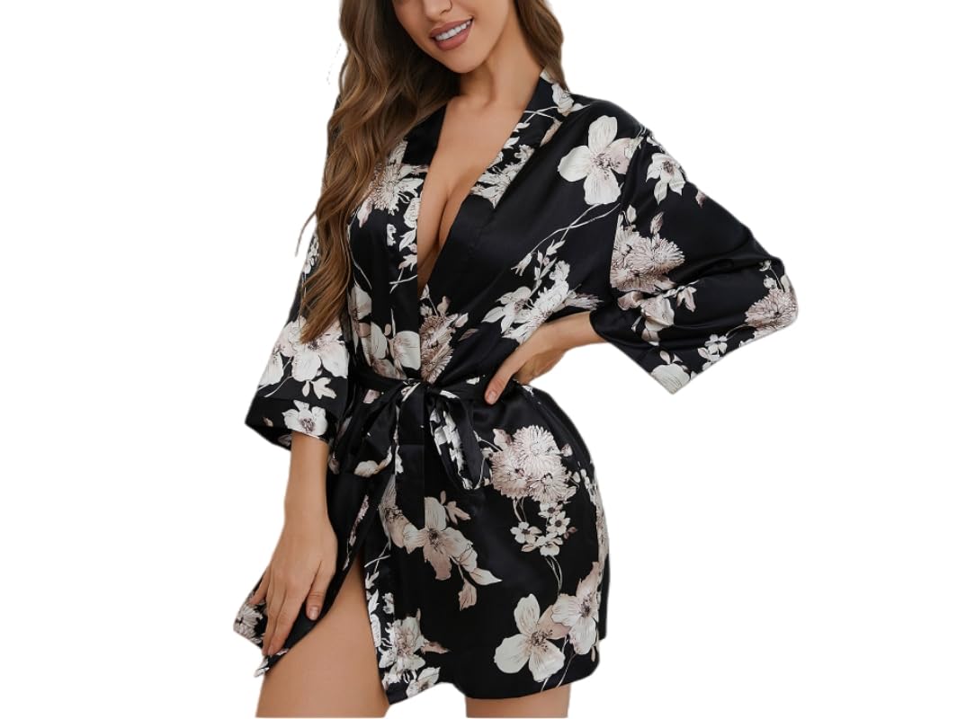 Genérico Batas de Satén de Lujo para Mujer,Albornoces Kimono de Seda con Estampado Floral y Cuello en V,Cárdigan Corto Ligero y Suave para Dormir.