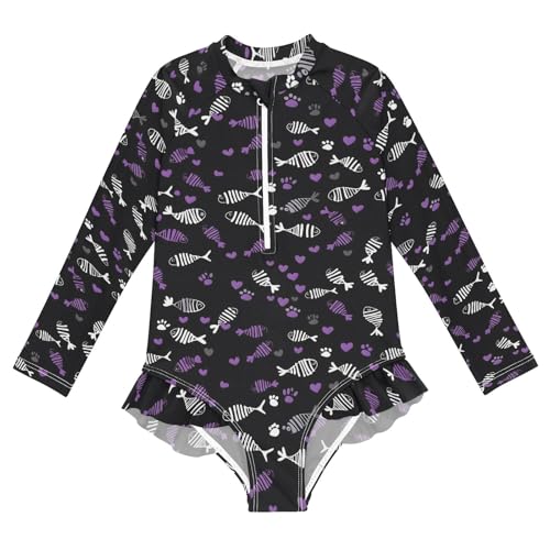 White Purple Fish Bone Pattern Girls Long Sleeve Swimsuit Rash Guard One Piece Bathing Suits Zipper 3-12T