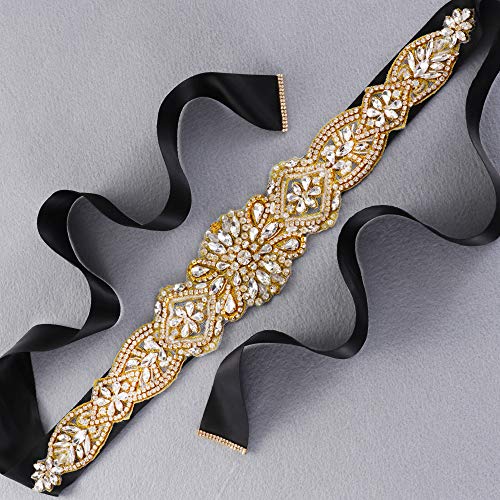 Yanstar Handmade Gold Rhinestone Crystal Wedding Bridal Belt Sash With Black Ribbon Sashes for Evening Party Prom Bridesmaid Dress