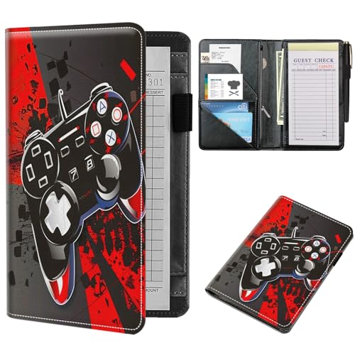 TSNJTBDL Server Book, Server Books for Waitress Small Cute Waiter Receipt Book PU Leather Waitress Book with Zipper Pocket for Cash Check Restaurant Bartender Server Apron, Gamepad