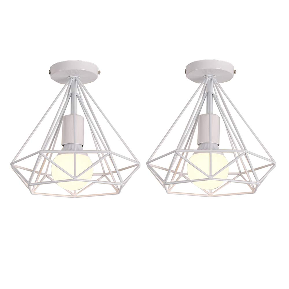 iDEGU Lot de 2 Plafonnier industriel retro cage forme diamant luminaire abat-jour 25cm E27 Blanc