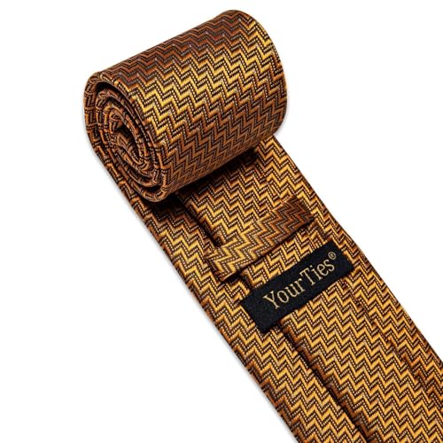 Image of YourTies Gold Ties for Men Striped Tie Woven Silk Golden Necktie Handkerchief Cufflink Formal Business Party Wedding