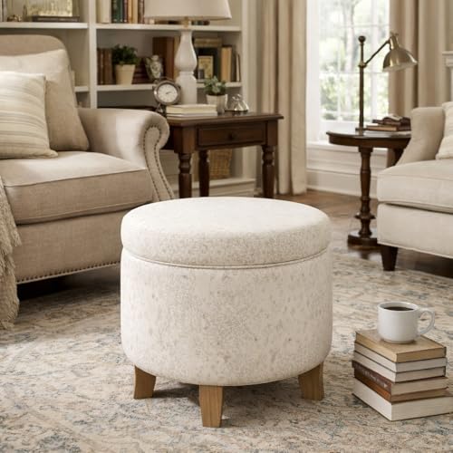 Image of Homepop Home Decor | Upholstered Round Storage Ottoman | Ottoman with Storage for Living Room & Bedroom with Flared Legs. Linen. Large
