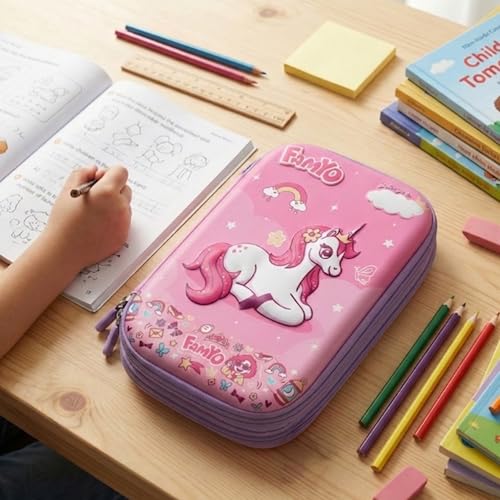 Image of Famyo June Unicorn Pencil Pouch for Kids | 3 Compartment Pencil Case | Hard Shell EVA Pencil Box with Mesh Pocket & Zipper | School Stationery Organizer for Girls