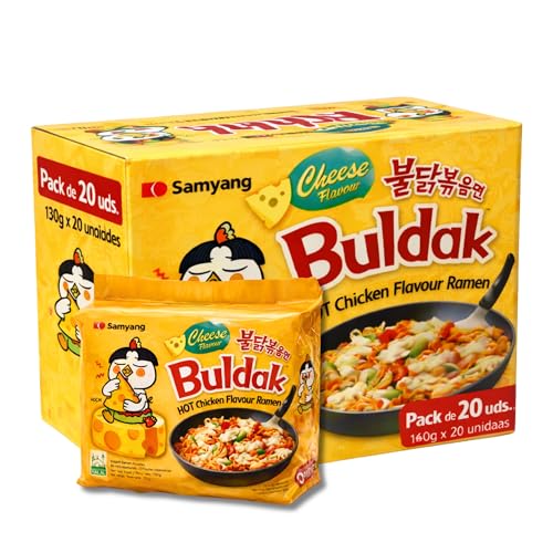 Ramen con fideos salteados con pollo picante Samyang Buldak, Hot Chicken Ramen Queso, Hot chicken ramen instantáneo muy rico y picante, Sabor a Queso, Pack 20 paquetes de 140g cada uno