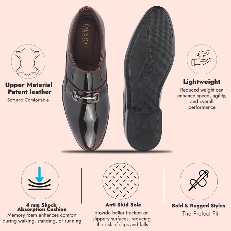 Image of FAUSTO Men Horsebit Buckle Patent Leather Party Formal Slip On Shoes | Extra Cushioned Insole Tuxedo Loafers for Wedding, Reception, Cocktail