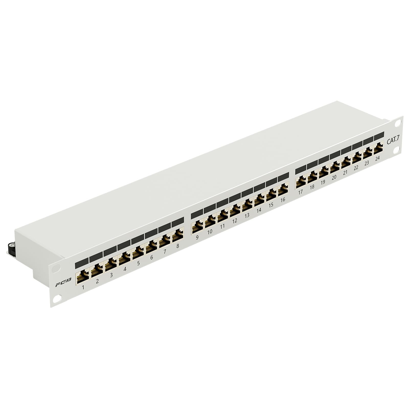 FGB Pannello patch CAT 7, pannello di distribuzione 24 porte, 19", 1U, grigio chiaro | Montaggio in rack da 19", montaggio server, RJ45 schermato, pannello patch di rete schermato, per switch di rete Gigabit