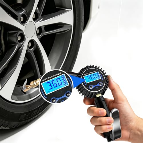 Vectopro Digital Tire Pressure Gauge with Inflator 1% Accurate Tire Pressure Gauge Heavy Duty Air Compressor Accessories with Pure Copper Air Chuck 4 Units PSI/KPA/BAR/KG/CM