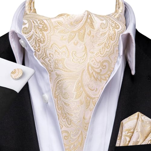 Image of Hi-Tie Silk Ascot for Men Self Tie Men's Cravat and Flower Lapel Pin Handkerchief Cufflinks Set for Wedding Party