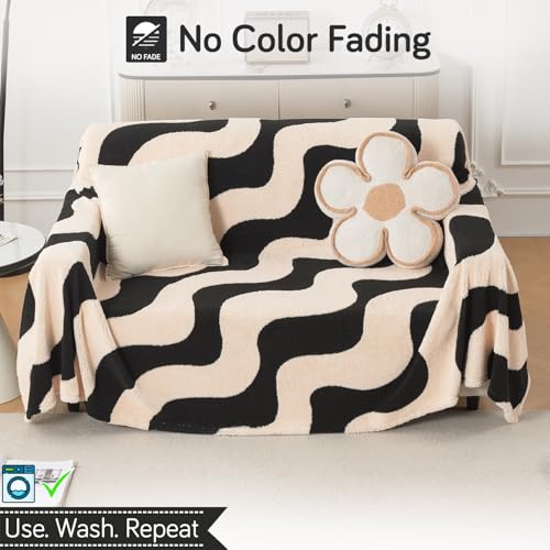 Image of HOKIPO Plush Sherpa Sofa Cover for 2 Seater Sofa | Thick Cozy Washable Sofa Throw | Full Protection Sofa Cover, 'Noirea Series' Wavy Stripe (180x250 cm) (AR-6652-D3)