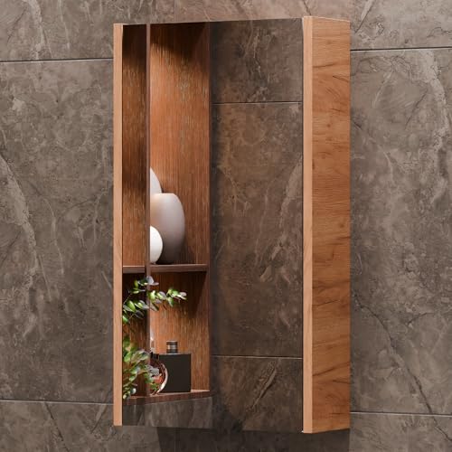 Planetmöbel Spiegelschrank Bad 40 cm, Badezimmerschrank, Aufbewahrungsschrank mit Tür und 2 Glasregalböden, 39,6 x 67,7 x 13,8 cm, Gold Eiche