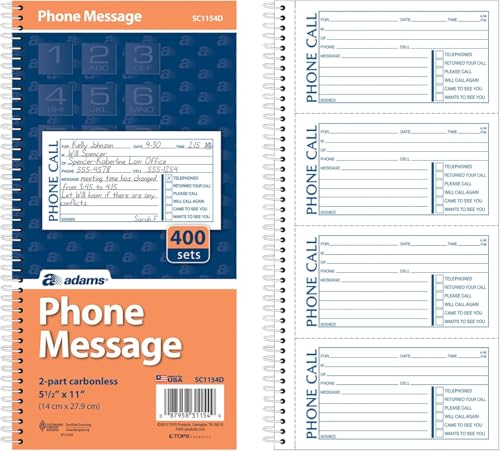 Adams Phone Message Book, 5.25 x 11 Inch, Spiral Bound, 2-Part, Carbonless, 4 Messages per Page, 400 Sets, White and Canary, 6-Pack