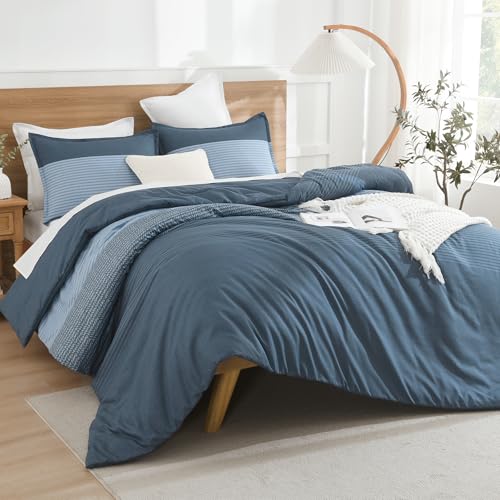 Litanika Haze Blue Comforter Set King - 3 Pieces Lightweight Haze Blue White Colorblock Stripe Fluffy Bedding Comforter Sets, All Season Bed Set
