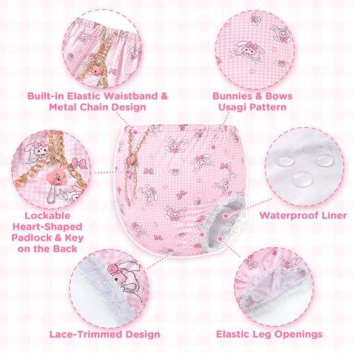 Image of Littleforbig Silky Washable Reusable Waterproof Lockable Waistband Pull-On Bunnies & Bows Usagi Pattern Adult Diaper Cover M