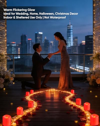 Image of Homemory 12Pack Red Flickering Flameless Votive Candles, 200+Hour Electric Fake Candles, Battery Operated LED Tealight for Wedding, Outdoor, Table, Festival (Warm White,Battery Included)
