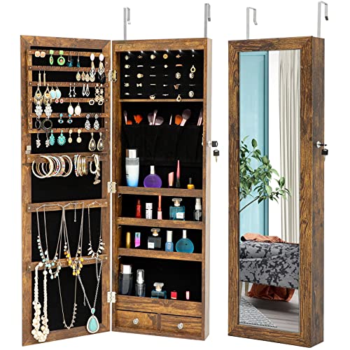 Fashion Simple Jewelry Storage Mirror Cabinet With LED Lights Can Be Hung On The Door Or Wall-Brown