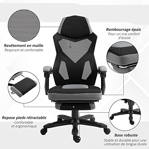 Vinsetto - Sedia da ufficio, poltrona da gioco, altezza regolabile, schienale con ruote girevoli, poggiapiedi in tessuto a rete, 58 x 63 x 112 – 122 h, colore: Grigio Nero - Sedia gaming - Immagine 6