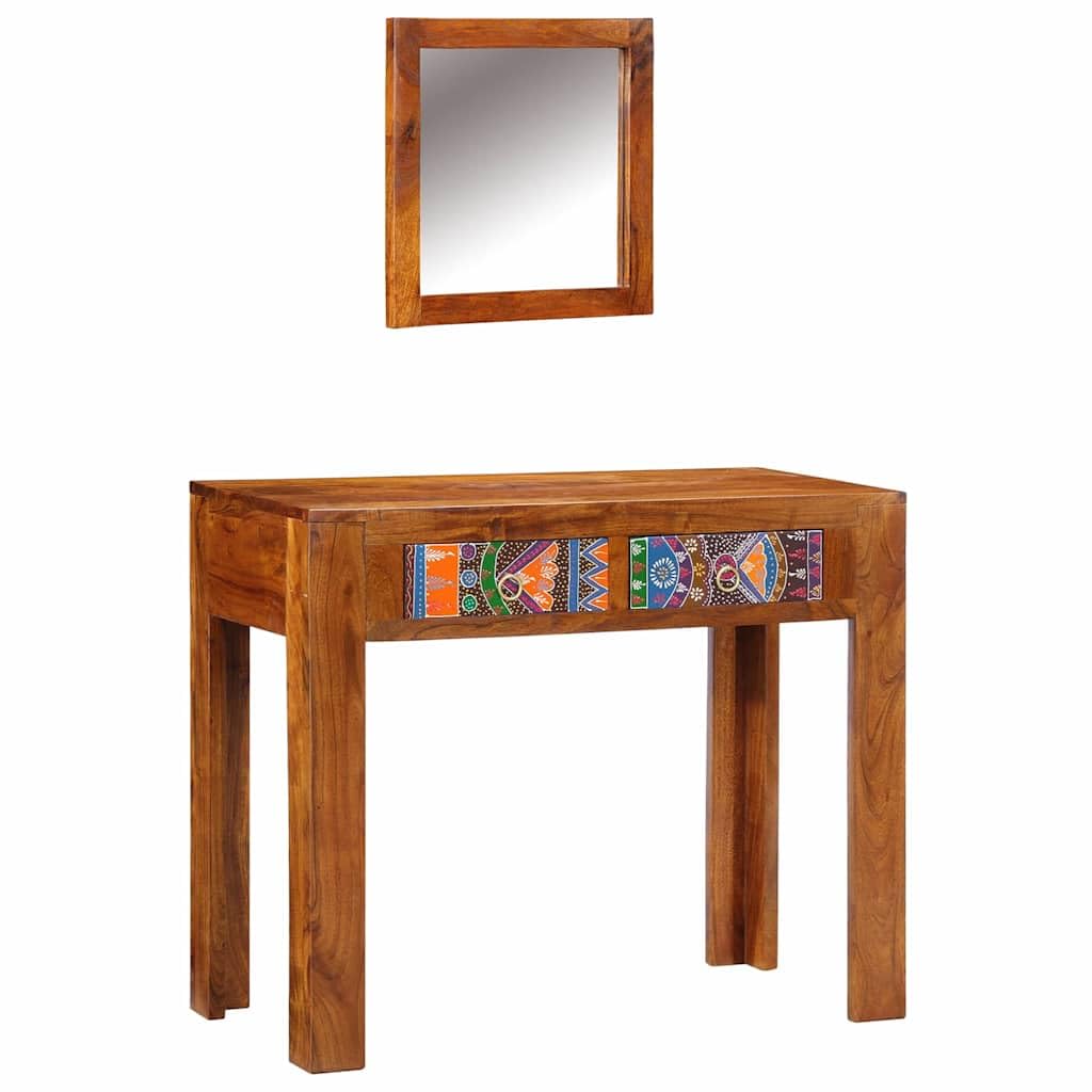 Tocador marrón 90 x 45 x 75 cm madera de acacia mesa de maquillaje con espejo de ala y espacio de almacenamiento para dormitorio y vestidor