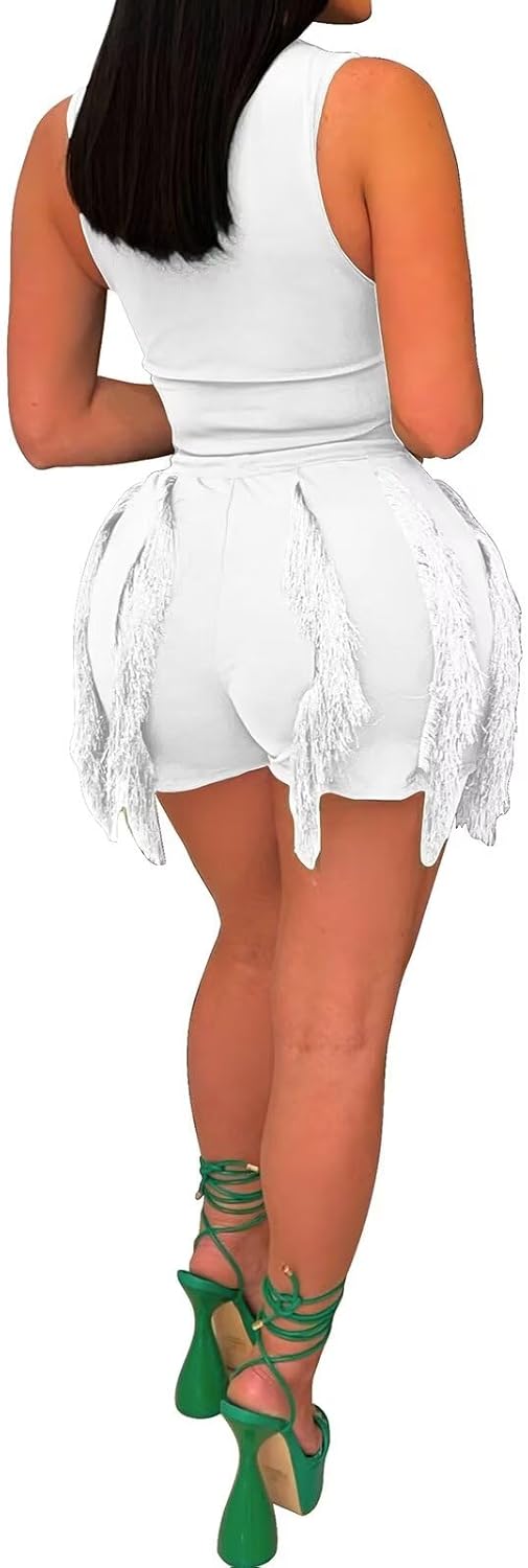 EDITCOZY Women Fringe Shorts 2 Piece Pants Sets Outfits Sexy Tank Crop Tops Tassel Romper Party Club Night - Image 2