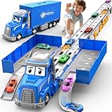 maysida Containerwagen Transport Truck Spielzeugautos für Jungen im Alter von 3, 4, 5, 6 Jahren, 165cm&Faltbare Rennbahn Truck mit 6 Autos Spielzeug, Transporter Spielzeug-Kinder Geschenke für Jungen
