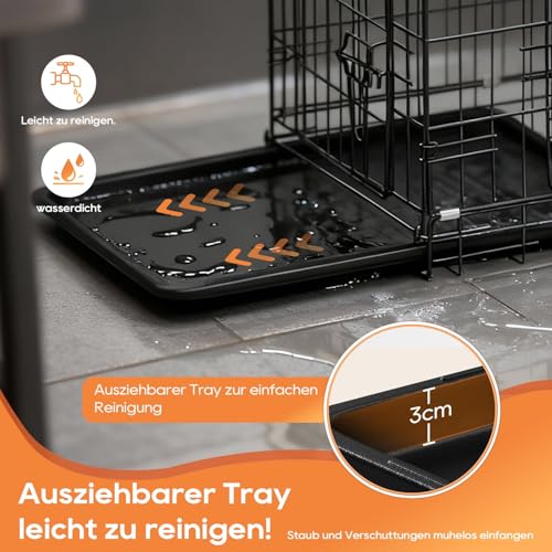 BestOffice Hundekäfig, klappbar, mit 2 Türen, ausziehbar Kunststofftablett und Griff, Hundetransportbox für Reisen, 107x69x76cm, XL, Transportbox- Haustiere, Innen und Außenbereich, Schwarz