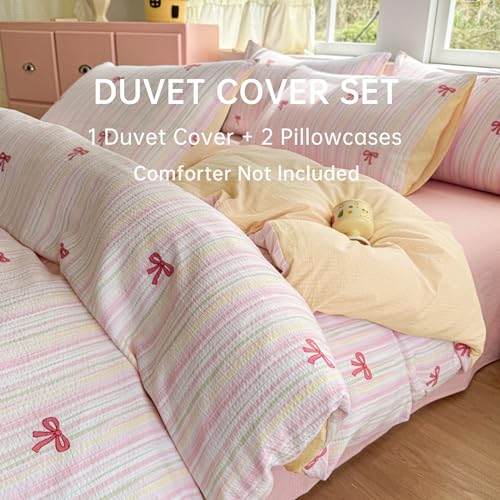 Image of BOLINLIVING Pink Bow Duvet Cover Full Size,Girls Kids Cute Striped Bowknot Yellow Duvet Cover with Pillowcase, Soft Microfiber Bedding Set for All Season with Zipper Closure and 8 Corner Ties