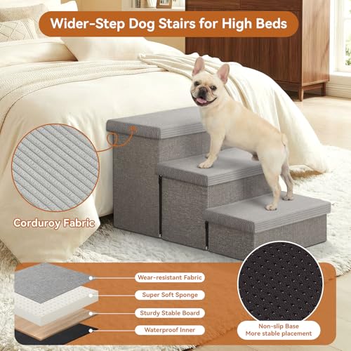 Image of Zerbuger Dog Stairs 23 inch H, 4-Step Wider Dog Steps for High Beds Window, Folding Storage Pet Stairs Gift for Small /Medium /Large Old Dogs Cats, Ramp for Climbing Car Up to 200 lbs (Gray, with Condo)