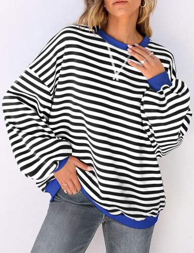 Image of UEU Women Oversized Striped Crewneck Sweatshirt Long Sleeve Color Block Pullover Tops Casual Loose Workout Shirt