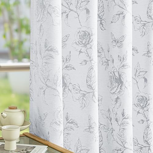 FMFUNCTEX Graue Jacquard-Vorhänge mit Blumenmuster für Schlafzimmer, 213 cm lang, lichtfilternde Vorhänge für Wohnzimmer, doppelseitiges Design, Vorhänge mit Ösen, 2 Paneele FMFUNCTEX Graue Jacquard-Vorhänge mit Blumenmuster für Schlafzimmer, 213 cm lang, lichtfilternde Vorhänge für Wohnzimmer, doppelseitiges Design, Vorhänge mit Ösen, 2 Paneele