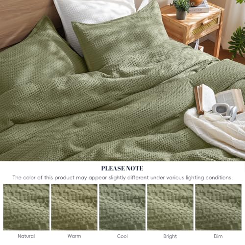 Image of PHF Soft Waffle Comforter Set King Size- Comfy Breathable Waffle Weave Comforter with 2 Pillow Shams, 3 Pieces Less Snagging Lightweight Textured Bedding Set for All Season, Olive Green