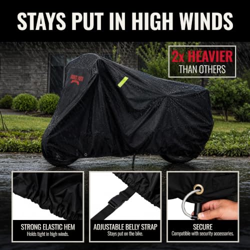 Image of Badass Moto Gear All Wx Motorcycle Cover - Night Reflective Safety Stripes - Waterproof - Heat Shields - Windshield Liner - Vents - Motorcycle Lock Pocket - Fits Large Cruisers & Touring Bikes. LARGE