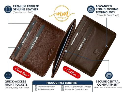 Image of MM Designs Slim and Compact Leather Credit Card Holder for Men and Women | Genuine Leather RFID Blocking Protection | Minimalist Card Wallet with 6 Card Slots (Dark Brown)