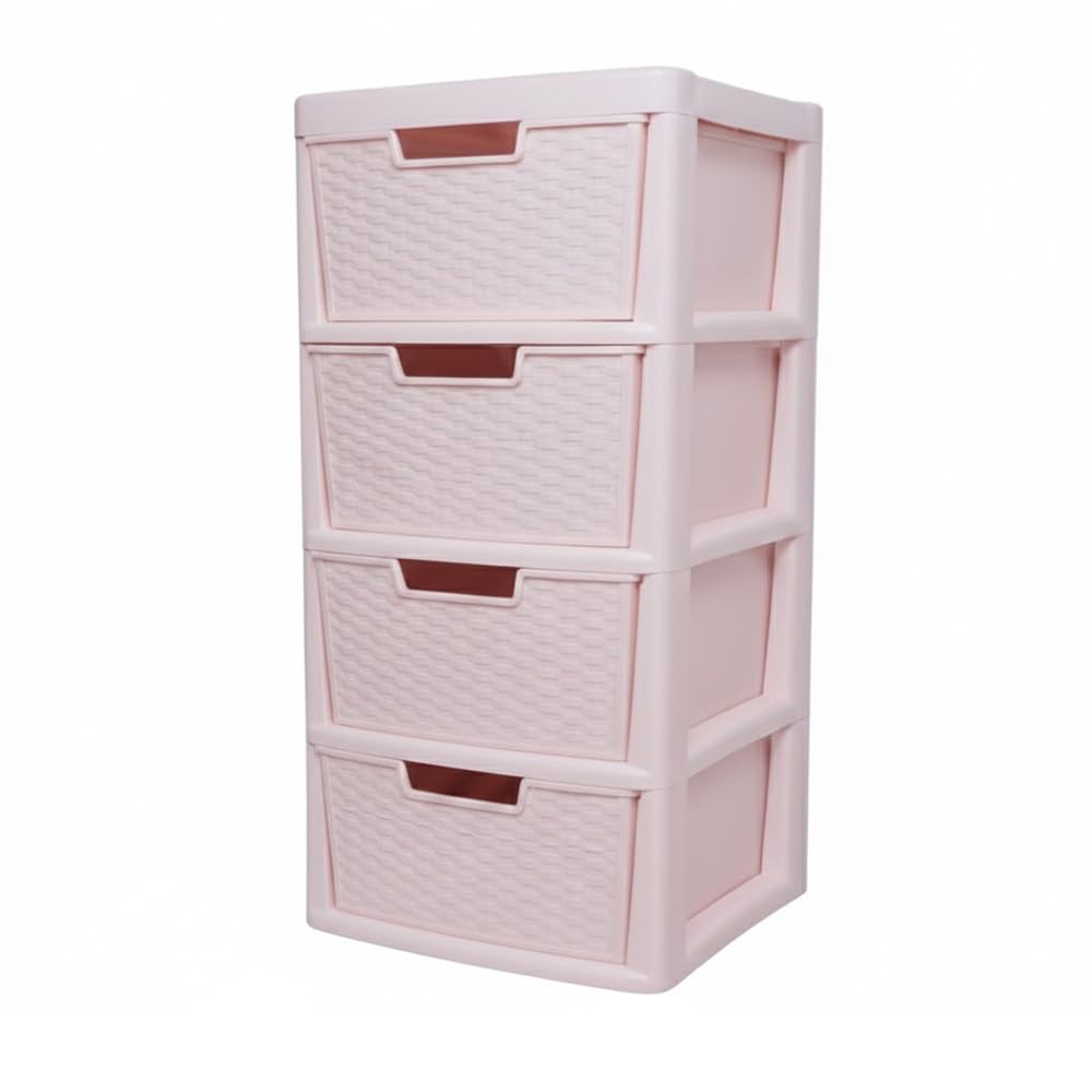 ALEEZ - Large Plastic Drawer Storage Unit - Rattan Effect 4 Drawer Cabinet - Multipurpose Storage Organiser - Office, Tabletop Desktop Drawer - Bedroom Chest Drawer Unit - (Pink, 4 Drawer)