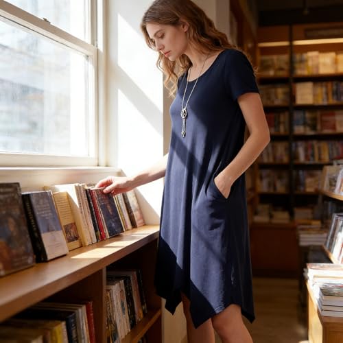 Image of Women Casual Loose Soft Crewneck Short Sleeve Pockets Swing T-Shirt Dress