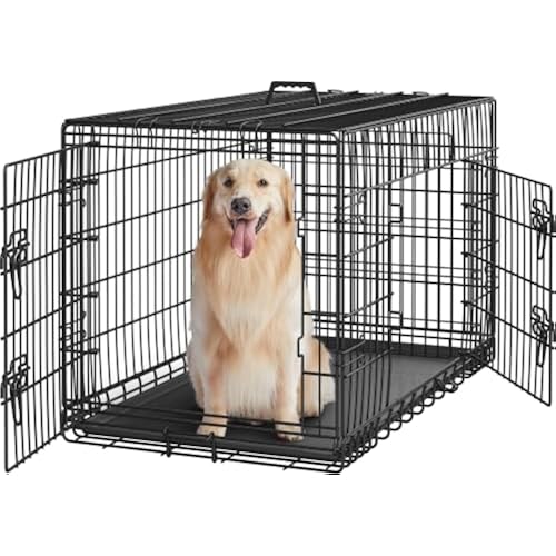 Yaheetech 42inch Double Door Dog Crate w/Divider, Collapsible Metal Kennel | Heavy-duty Sturdy Metal Frame, Easy Assemble, Fold Up for Travel, Removable Tray, Ideal for Puppies, Medium to Large Dogs