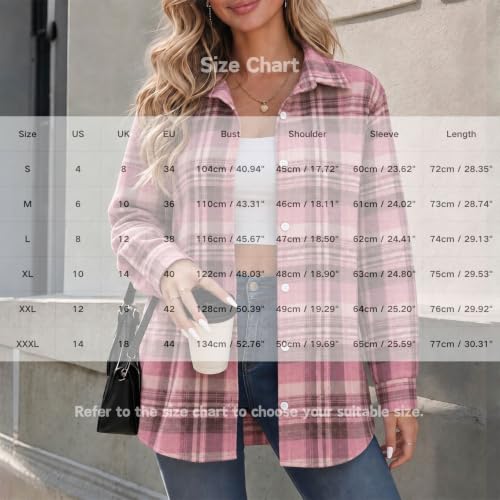 Flannel Shirt Women Button Down Plaid Tops Long Sleeve Blouses Pink L | Warm Cozy Collared Shirts, Oversized Buffalo Plaid Jackets, Casual Dressy Fleece Blouse, Fall Winter Fashion Clothes 2026 - image 4