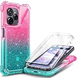WDHD Compatible with Blu View Speed Ultra 5G Phone Case Glitter Pink/Aqua | Full-Body Protective Shockproof Bumper Cover with Tempered Glass Screen Protector, 12FT Military Grade Drop Tested
