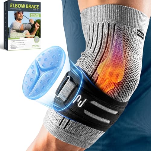 ZOELION Dual-Stütze Ellenbogenbandage mit gezieltem Silikon-Strap & Gel-Pad Tennisarm Bandage Ellenbogen Bandagen Herren Damen für Tennisarm Golferarm Sehnenentzündung Sport (Grau M)