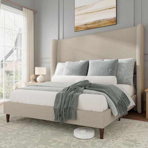 Jocisland Full Bed Frame Linen Upholstered Wingback Headboard...